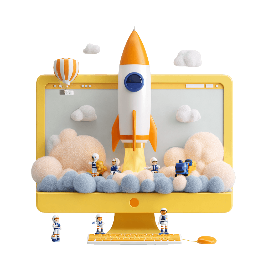 Launch illustration showing a website release and takeoff.